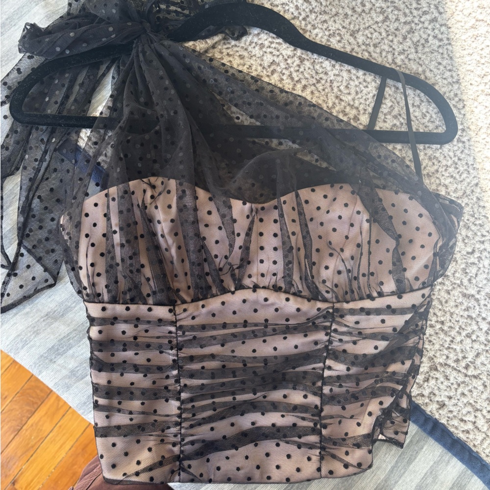 Anthropologie Black and Pink Polka Dot corset top
